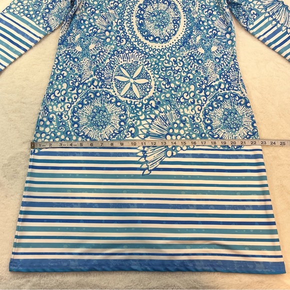 TANGO MANGO Smooth Stretch Shift Dress Size Large Blue White Floral 3/4 Sleeve - Picture 9 of 9